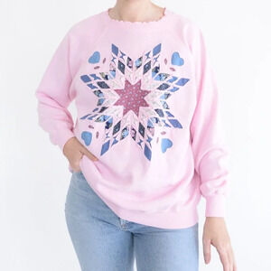 Vintage Hanes Pink With Cut Out  Quilted Flower Design Crewneck Sweater XL